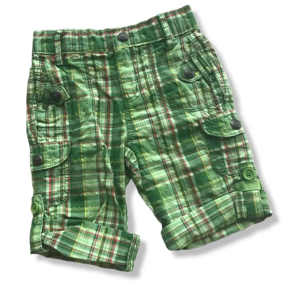 The Children's Place‎ Girls Pants Size 12 Mo Green Orange Gold Plaid Roll Up NEW